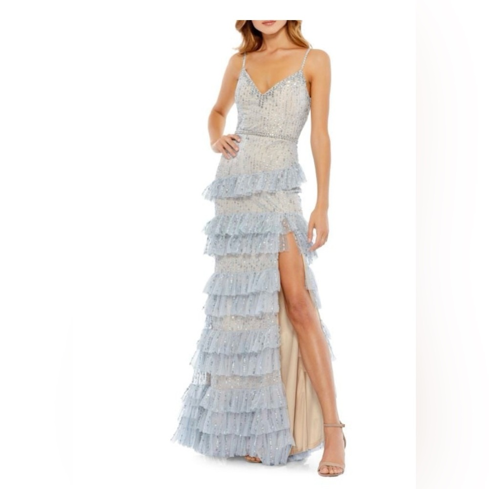 Mac Duggal Elegant Silver & Light Blue Sequin Dress with Ruffles and Slit
